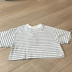 Miu Miu Striped logo boxy tshirt. Cream and blue.